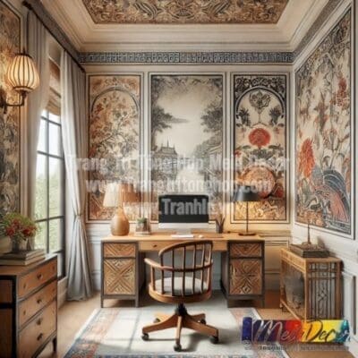 Văn phòng làm việc tại nhà với tranh dán tường phong cách Indochine