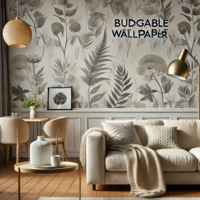 DALL·E 2025 02 18 16.23.47 A beautifully decorated living room featuring budget friendly wallpaper. The wallpaper has a modern yet affordable design making the space look elega