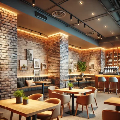 DALL·E 2025 02 18 16.23.59 A stylish cafe interior featuring budget friendly 3D wallpaper. The wallpaper has a realistic brick texture creating a cozy and urban atmosphere. The