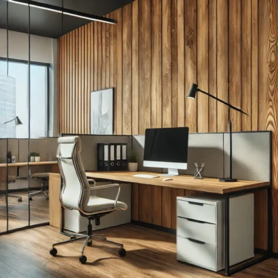 DALL·E 2025 02 18 16.24.03 A modern office space with budget friendly faux wood wallpaper. The wallpaper has a sleek wooden texture giving the space a warm and professional loo
